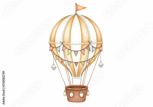 Vector art of watercolor illustration of a hot air balloon with flags, perfect for travel theme
