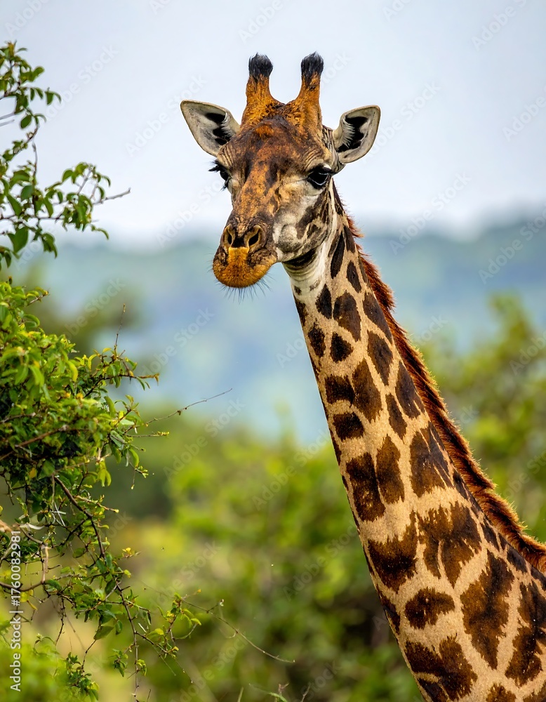 Fototapeta premium Portrait of a tall giraffe with textured skin and long neck