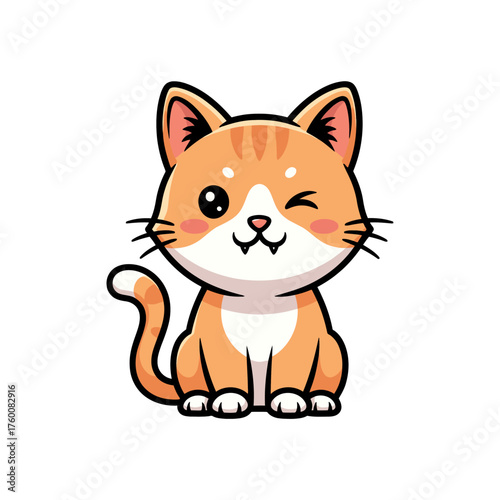 Cute orange and white tabby cat cartoon sitting and winking happily, pink cheeks, big eyes, thick outlines, clean vector style on white background.