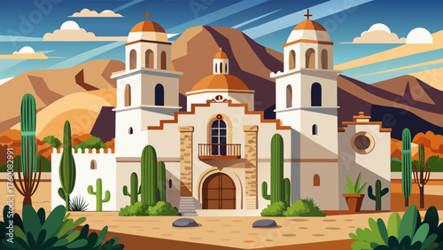 Very beautiful San Xavier del Bac Catholic Mission Church in Tucson, Arizona, USA — a historic Spanish colonial architectural masterpiece with white stucco walls shining under the desert sun.