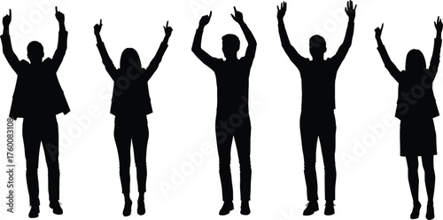 People celebrating with raised arms silhouette cartoon illustration, symbolic unity and expressive gesture artwork for lifestyle and event design