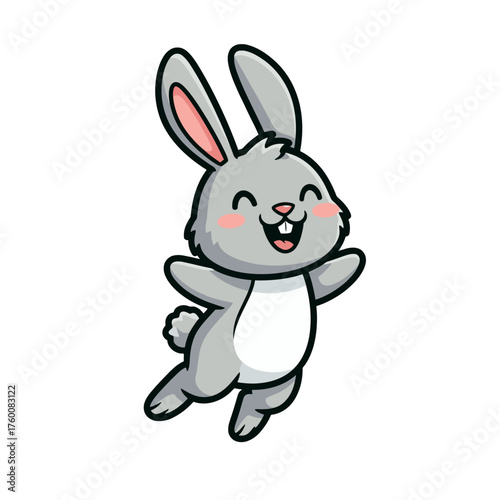 Cute gray cartoon bunny jumping happily with pink cheeks, white belly, pink ears, eyes closed, smiling wide, simple adorable vector illustration.