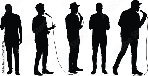 People performing with microphones silhouette cartoon illustration, symbolic expression and gesture artwork for entertainment and lifestyle design