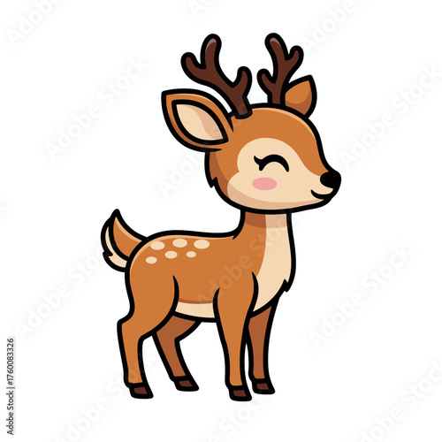 Cute baby deer cartoon illustration, light brown fur with white spots, white belly, pink cheeks, small antlers, smiling expression, isolated on white.