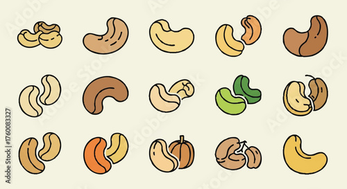 set of cashew nut outline icons vector full color
