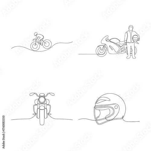 Continuous line drawings a cyclist a motorcyclist motorcycle parts Single line bicycle
