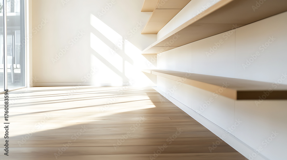 Obraz premium Bright minimalist interior with light wood floors, stark white walls, and floating shelves basking in sunlight, creating a serene and airy ambiance. Pure and clean design.