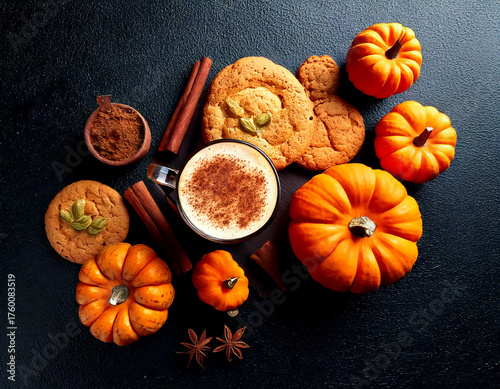 AI generated pumpkin spice latte with autumn cookies and mini pumpkins on dark background