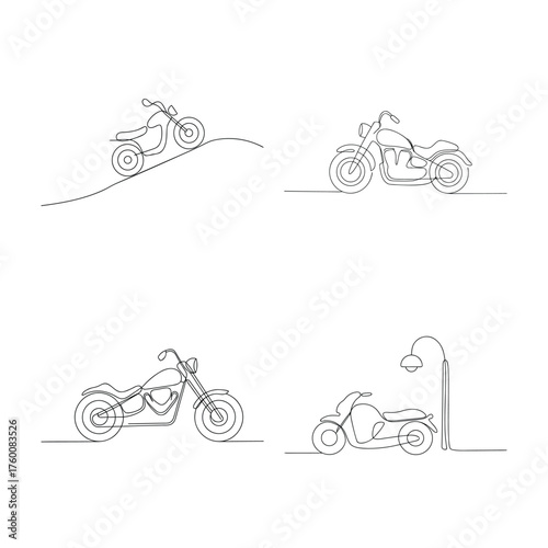 Continuous line drawings motorcycles a street lamp Single line bike vehicle
