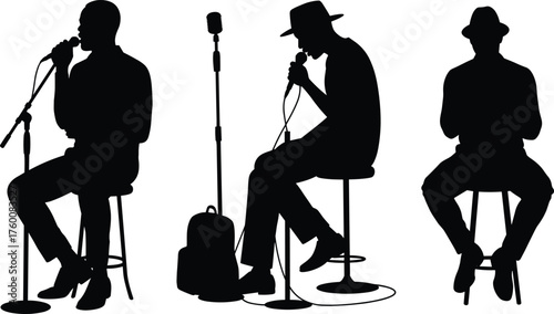 People performing seated with microphones silhouette cartoon illustration, symbolic voice and expressive gesture artwork for lifestyle and creative design