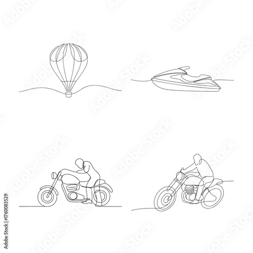 Single line drawing hot air balloon jet ski two motorcyclists vector