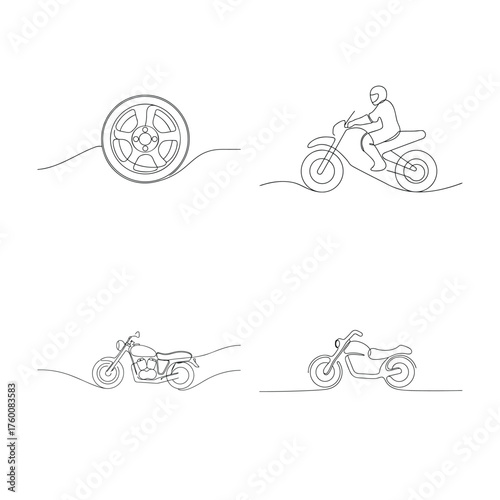 Single line drawing a motorcycle wheel rider a motorcycle helmet vehicle