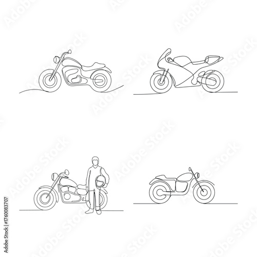 Continuous line drawings motorcycles one rider Single line bike helmet