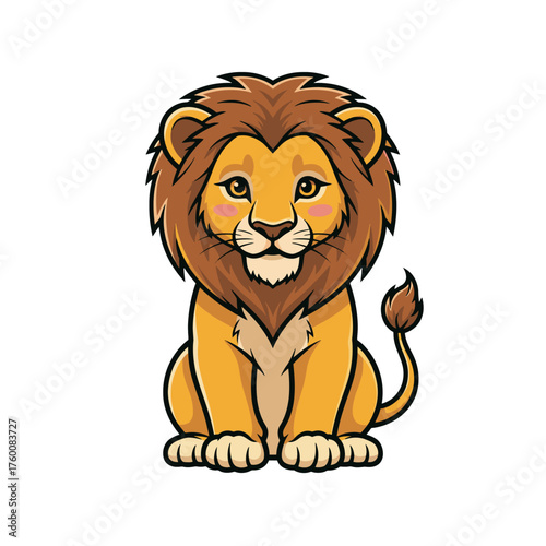 Cute cartoon lion sitting facing forward, with thick brown mane, yellowish fur, big brown eyes, pink cheeks, friendly smile, bold outlines, white background.