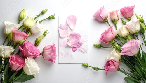 Fresh pink and white flowers surround a central card with petal art