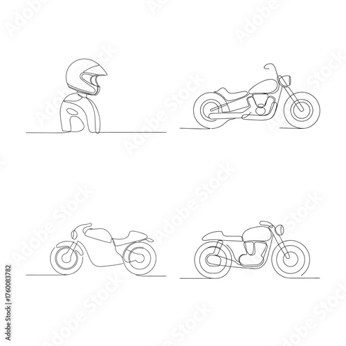 Single line drawing motorcycle helmet different motorcycles chopper cafe