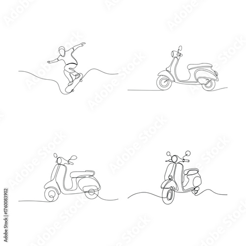 Single line drawing skateboarder scooters skating moped