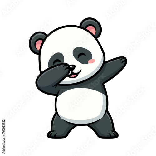 Cute cartoon panda doing dab pose, black and white fur, closed eyes, pink cheeks, smiling, simple thick outline, adorable vector on white background.