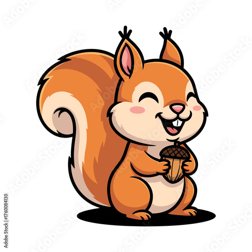 Description (150 characters):
Cute cartoon squirrel holding an acorn, orange-brown fur with cream belly, fluffy tail curled up, smiling happily with closed eyes, on white background.