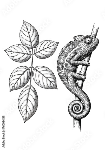 Vector art of chameleon on branch, handdrawn with intricate details and classic crosshatching technique