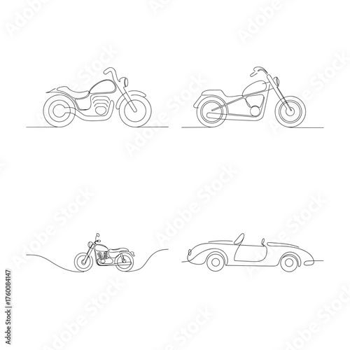 Continuous line drawings motorcycles a convertible car Single line motorbike vehicle