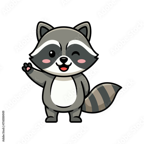 Cute cartoon raccoon waving happily, big eyes, pink cheeks, gray and white fur with striped tail, smiling expression, isolated on white background.