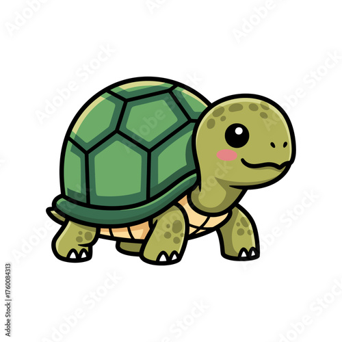 Cute cartoon turtle with big eyes and happy smile, light green body and dark green hexagonal shell, standing front view on white background, simple style.