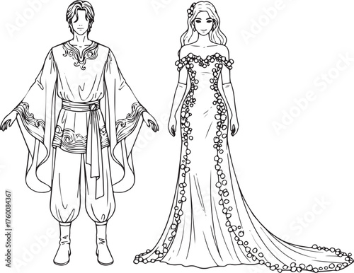 Fantasy costume illustration with ceremonial and elegant outfits