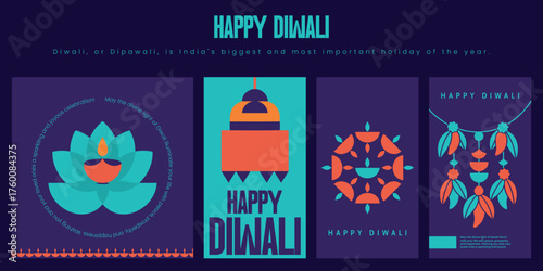 Set of four modern Diwali greeting card designs with bold, stylized graphics, featuring a lotus diya, temple, decorative garland, and mandala elements.
