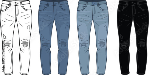 Distressed jeans color variations, fashion design set, white, blue, black styles, vector illustration, apparel concept