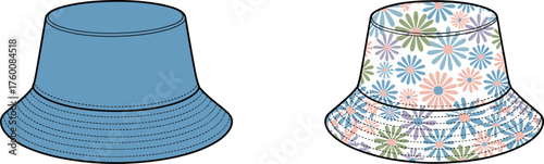 Bucket hat style contrast, solid blue and floral pattern, fashion accessories, vector illustration, stitched brim