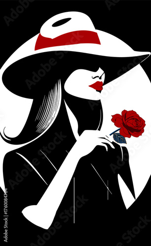 A girl in a hat with a rose in her hand.Vector illustration of a black and white portrait of a girl in a hat and with a red rose in her hand.