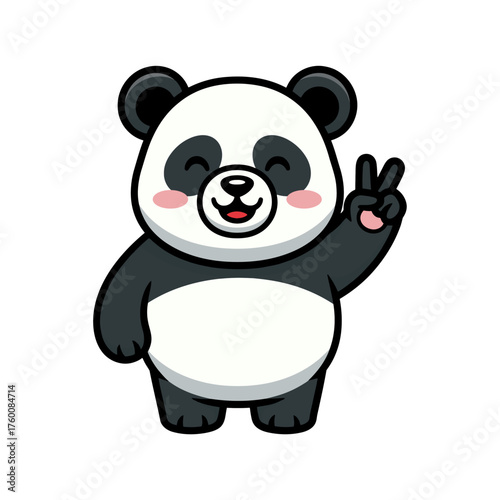 Cute cartoon panda with black and white fur, smiling face, blushing cheeks, standing and making a peace sign, simple adorable style on white background.