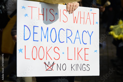 Quadro su tela Protest sign THIS IS WHAT DEMOCRACY LOOKS LIKE with NO KINGS