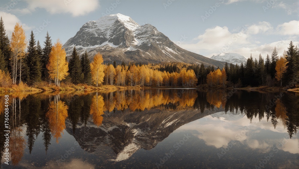 Obraz premium Majestic mountain reflection in autumnal forest lake landscape