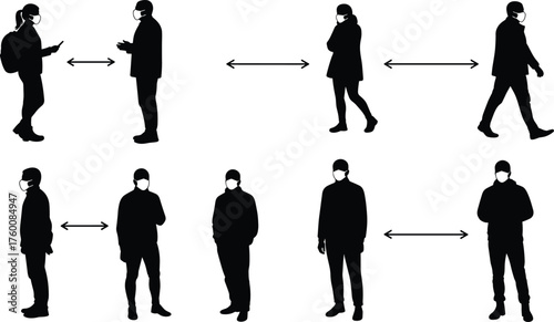 People wearing masks and maintaining distance silhouette cartoon illustration, symbolic safety and expressive gesture artwork for public health design
