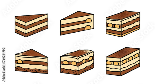 set of tiramisu dessert layered slice outline icons vector
