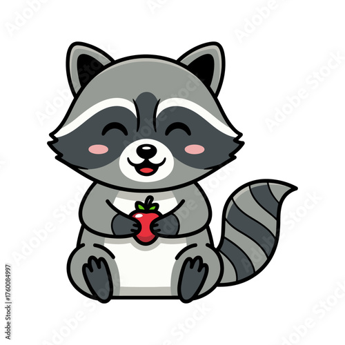 Cute cartoon raccoon sitting happily with eyes closed, holding a red apple, gray fur with black-white markings, thick outline, white background.