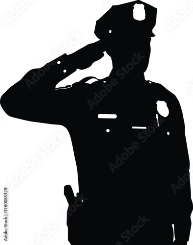 Police officer saluting silhouette cartoon illustration, symbolic respect and expressive gesture artwork for civic and lifestyle design