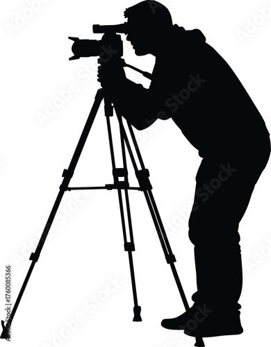 Photographer using tripod camera silhouette cartoon illustration, symbolic creativity and expressive gesture artwork for media and lifestyle design