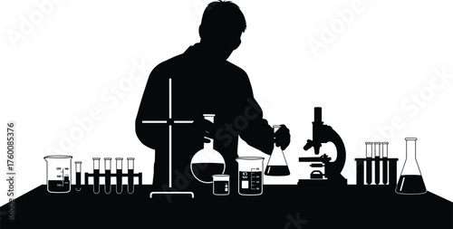 Scientist conducting experiment in lab silhouette cartoon illustration, symbolic research and expressive gesture artwork for science and education design