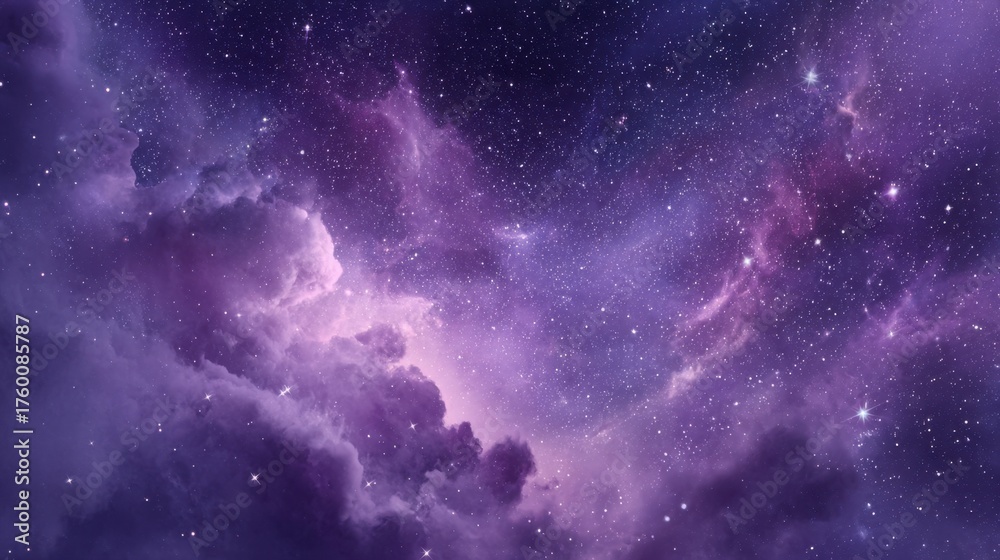 Fototapeta premium A purple sky with clouds and stars. The stars are scattered throughout the sky