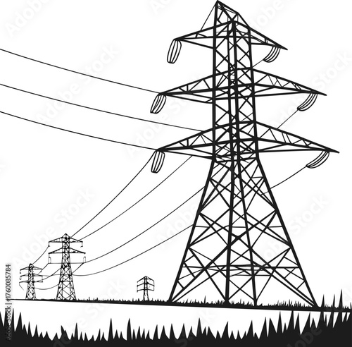 High voltage power transmission towers in black and white, electric pylons silhouette, energy infrastructure, electricity supply,