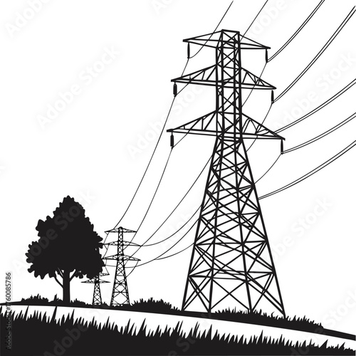 High voltage power transmission towers, electric pylons in forest landscape, energy distribution line vector, black silhouette, utility infrastructure illustration