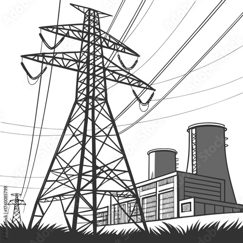 
High voltage electricity transmission towers, power pylons with cables, energy infrastructure, forest silhouette, industrial landscape, renewable grid, utility network, distribution
