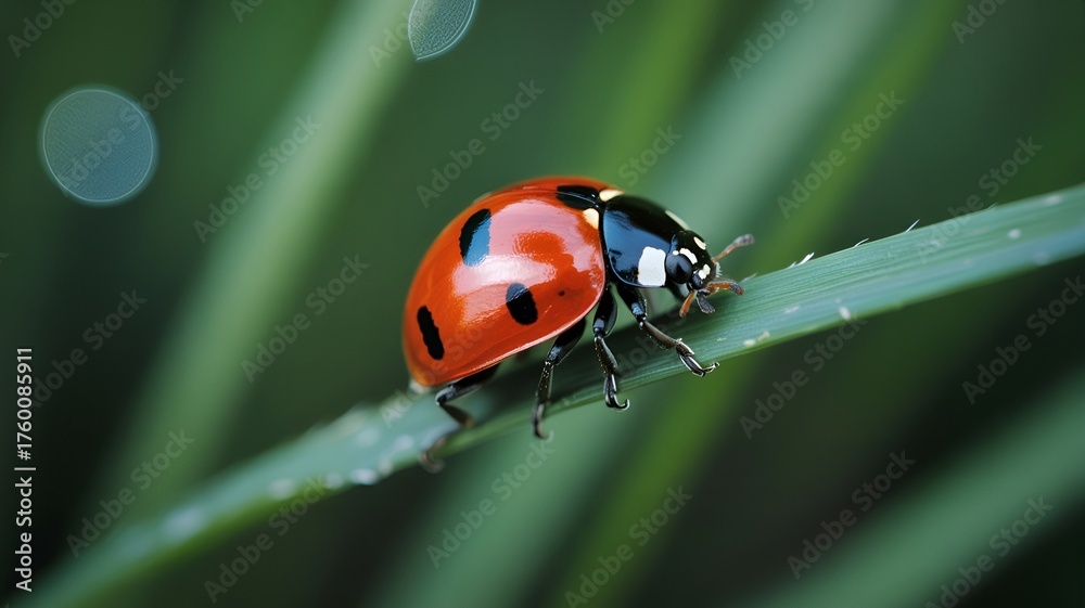 Fototapeta premium A ladybug delicately rests on a vibrant green blade of grass.
