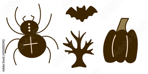 Halloween set with spider, bat and pumpkin