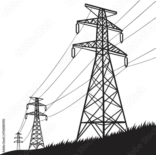 Electricity transmission towers vector, high voltage power lines illustration, rural energy landscape, birds flying, infrastructure sketch, silhouette design, black and white