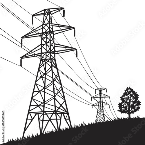 Electricity infrastructure illustration featuring power lines transformer and transmission towers in black and white