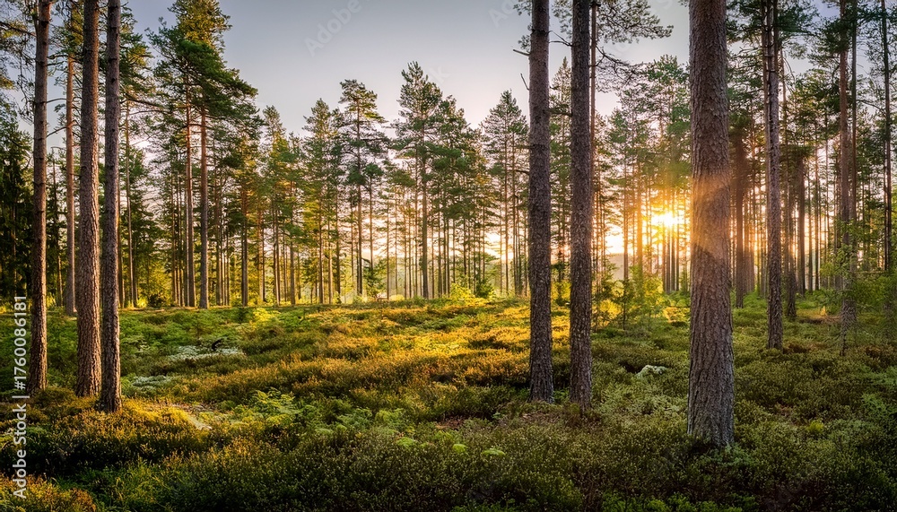 Obraz premium Pine And Fir Forest In Sweden With A Low Setting Sun Shining Through The Trunks And Branches